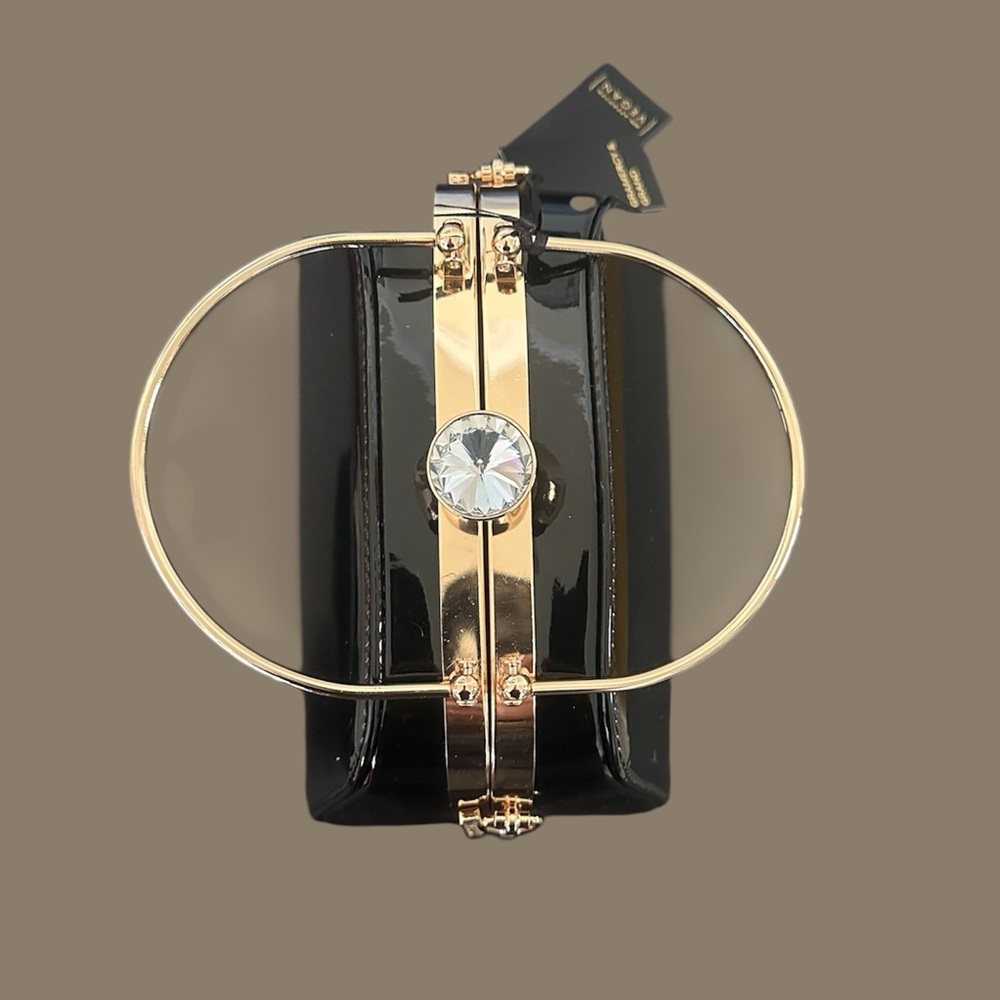 Black Patent Top-Handle Evening Bag with Gold Hardware - Picture 5 of 7